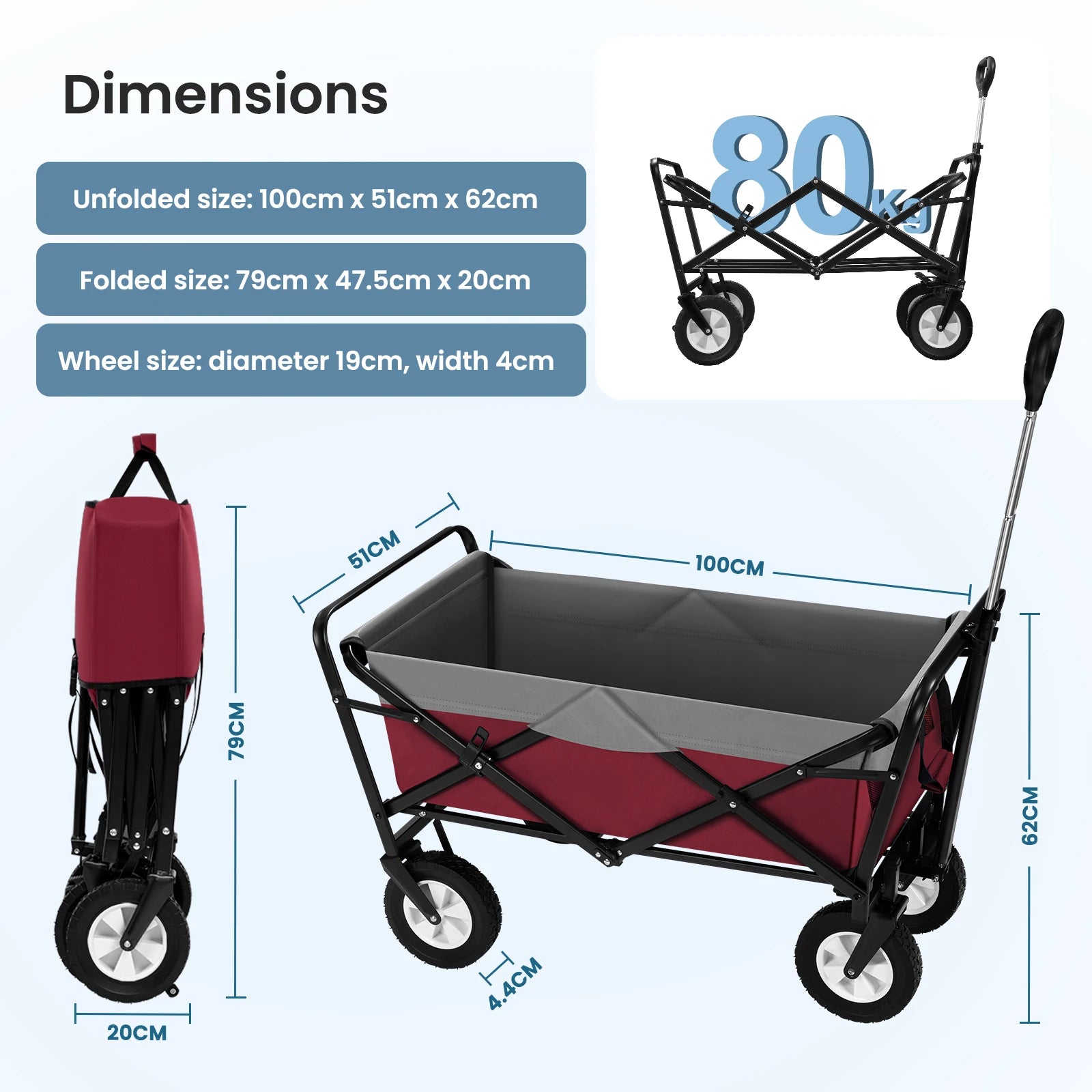 Foldable Garden Trolley Handcart Cart Tool Transport with 4 Wheels for Camping Beach Garden Shopping Outputs Load 80kg