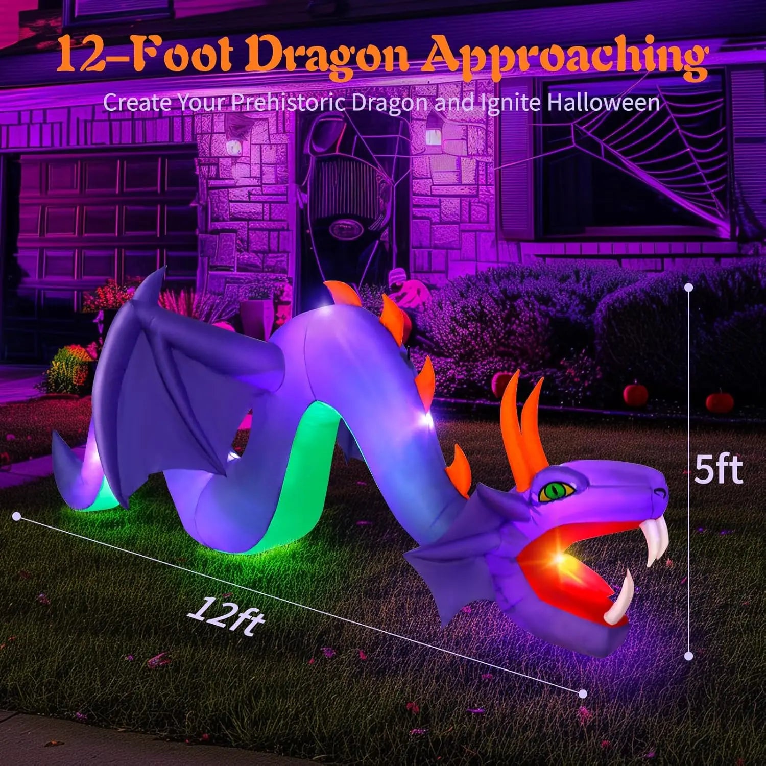 12FT  Halloween outdoor inflatable giant purple dragon ornament with 7 built-in led inflatable dragons for yard, lawn and ga