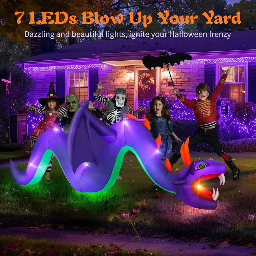 12FT  Halloween outdoor inflatable giant purple dragon ornament with 7 built-in led inflatable dragons for yard, lawn and ga