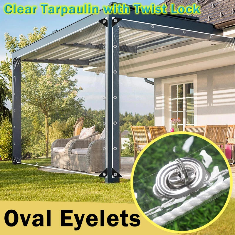 Clear Tarpaulin with Oval Eyelets Pergola See Through Tarp Curtain with Rotatable Twist Locks Transparent Rainproof Cloth