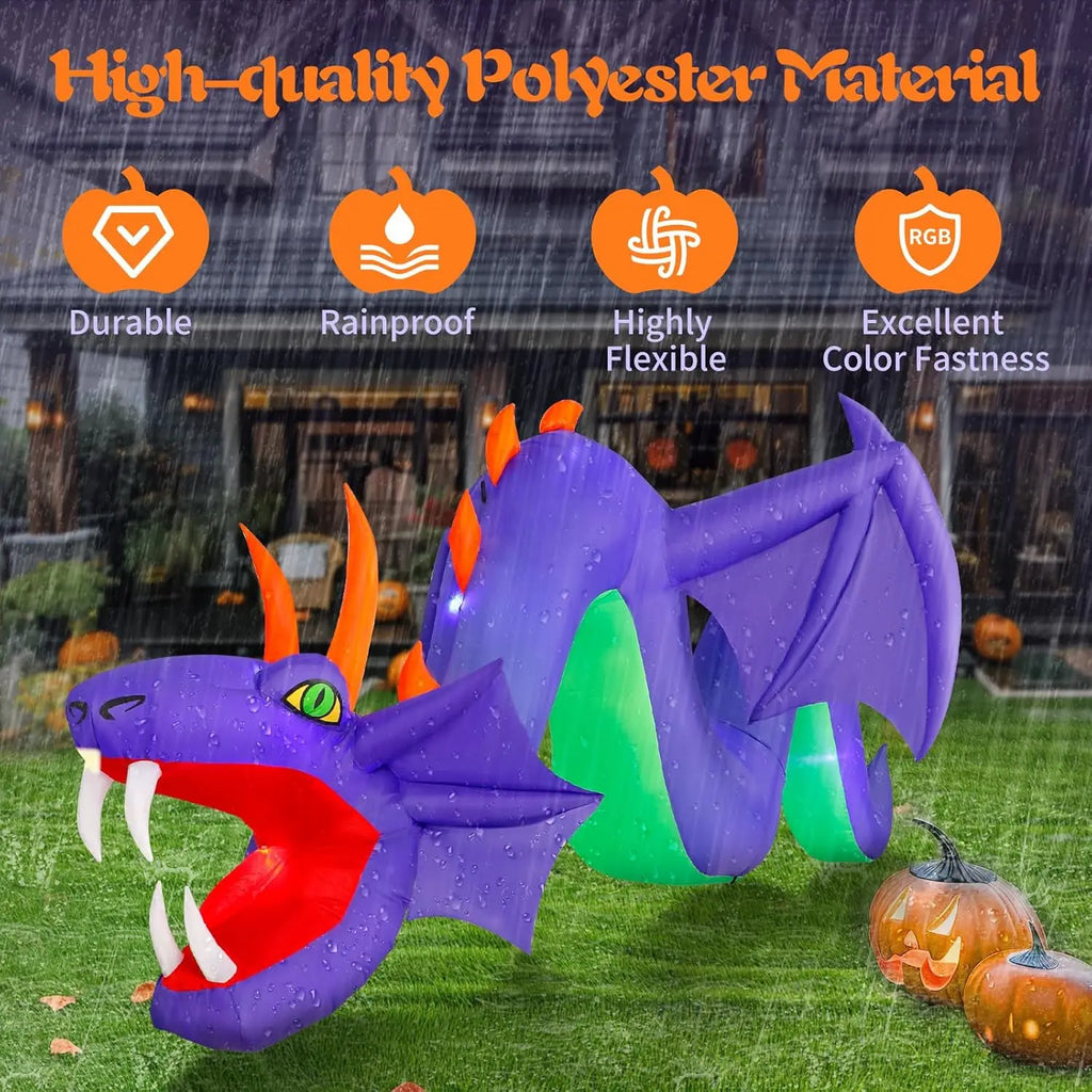 12FT  Halloween outdoor inflatable giant purple dragon ornament with 7 built-in led inflatable dragons for yard, lawn and ga