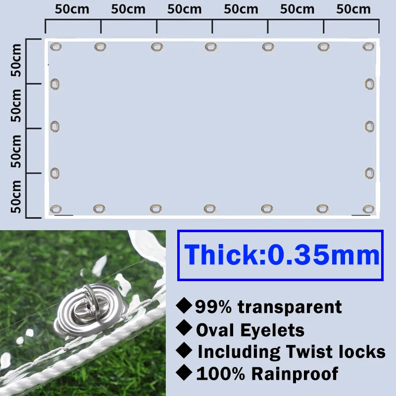 Clear Tarpaulin with Oval Eyelets Pergola See Through Tarp Curtain with Rotatable Twist Locks Transparent Rainproof Cloth
