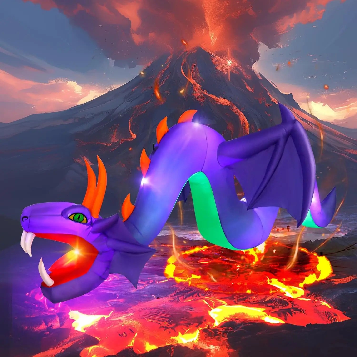 12FT  Halloween outdoor inflatable giant purple dragon ornament with 7 built-in led inflatable dragons for yard, lawn and ga