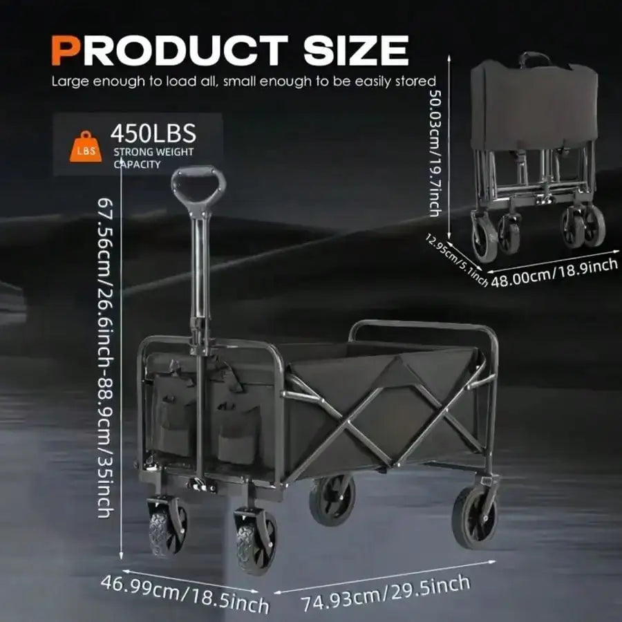 1pc Heavy Duty Collapsible Foldable Utility Wagon Cart With All-Terrain Wheels, 450LB Capacity Metal Frame & Plastic Tires