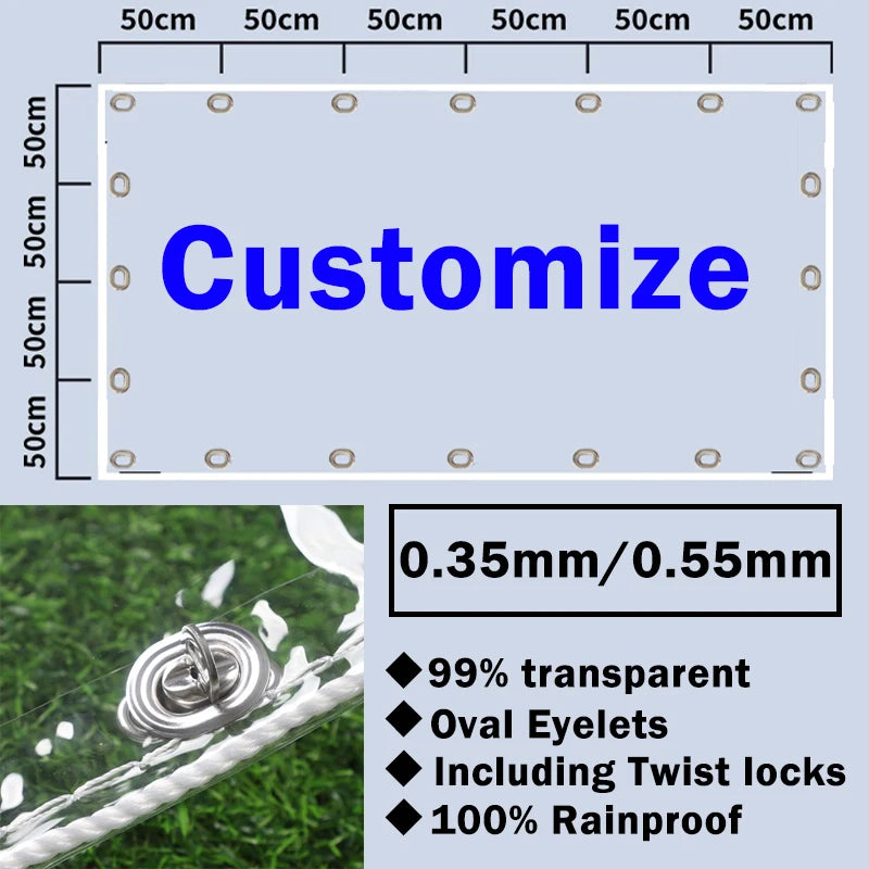 Clear Tarpaulin with Oval Eyelets Pergola See Through Tarp Curtain with Rotatable Twist Locks Transparent Rainproof Cloth