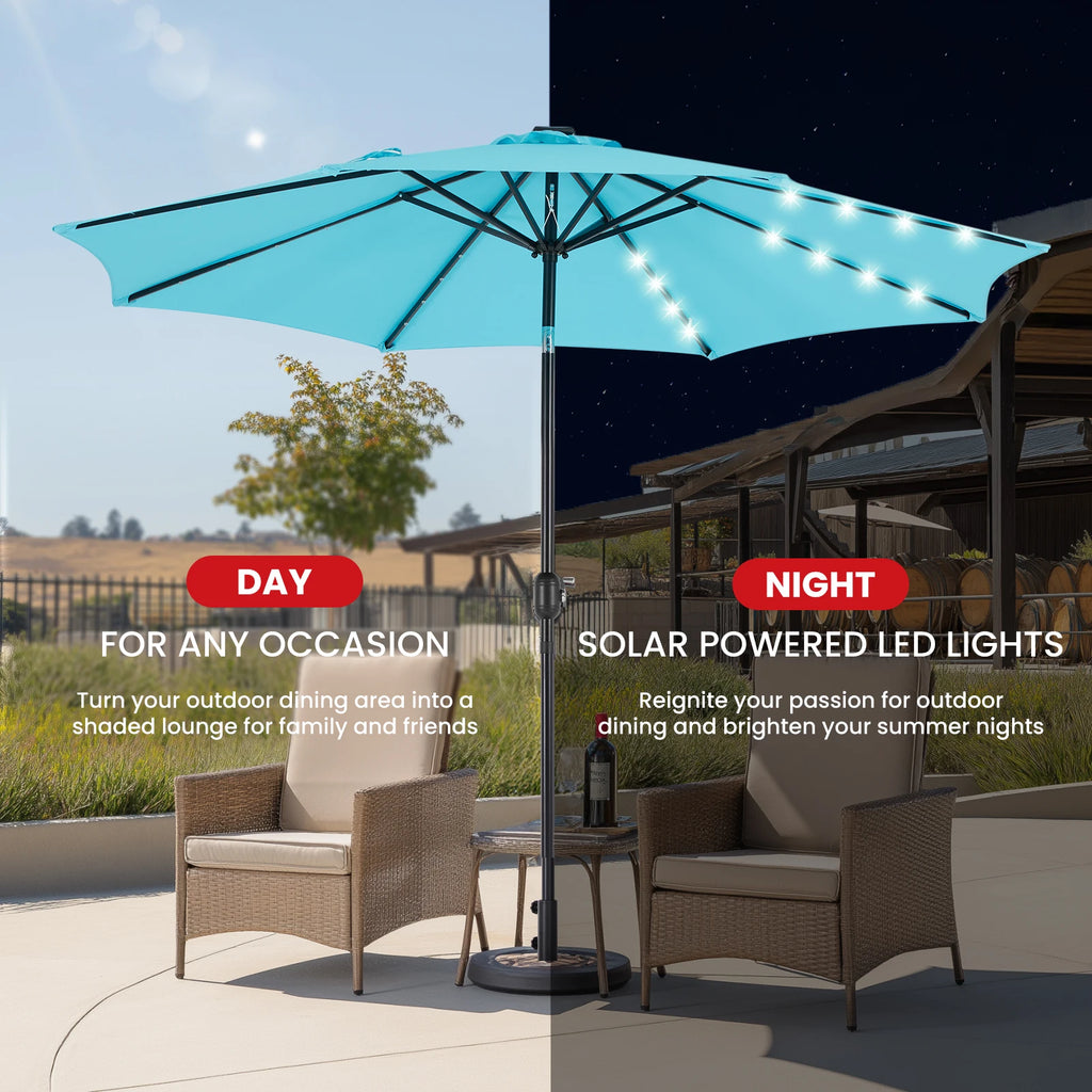 JHK 10FT Outdoor Solar Patio Sunshade Umbrella with UV-Resistant 32 LED Lights Umbrella with Tilt and Crank for Backyard Garden