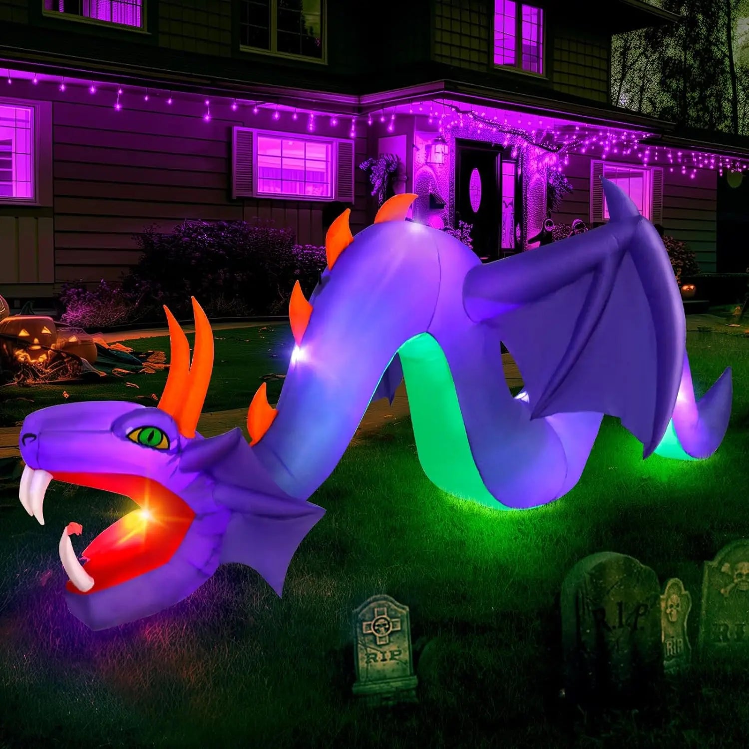 12FT  Halloween outdoor inflatable giant purple dragon ornament with 7 built-in led inflatable dragons for yard, lawn and ga