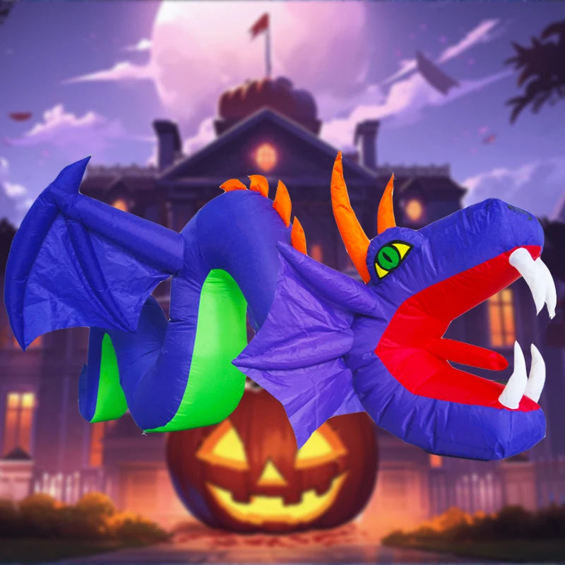 12FT  Halloween outdoor inflatable giant purple dragon ornament with 7 built-in led inflatable dragons for yard, lawn and ga