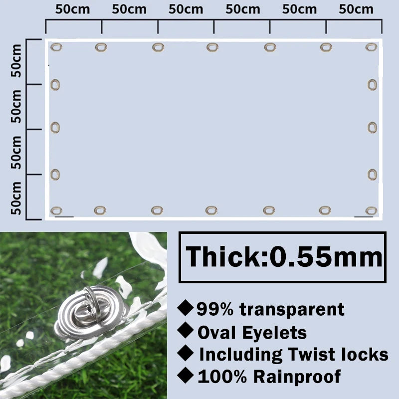 Clear Tarpaulin with Oval Eyelets Pergola See Through Tarp Curtain with Rotatable Twist Locks Transparent Rainproof Cloth